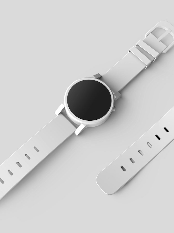 Two white minimalist smartwatches on a grey background